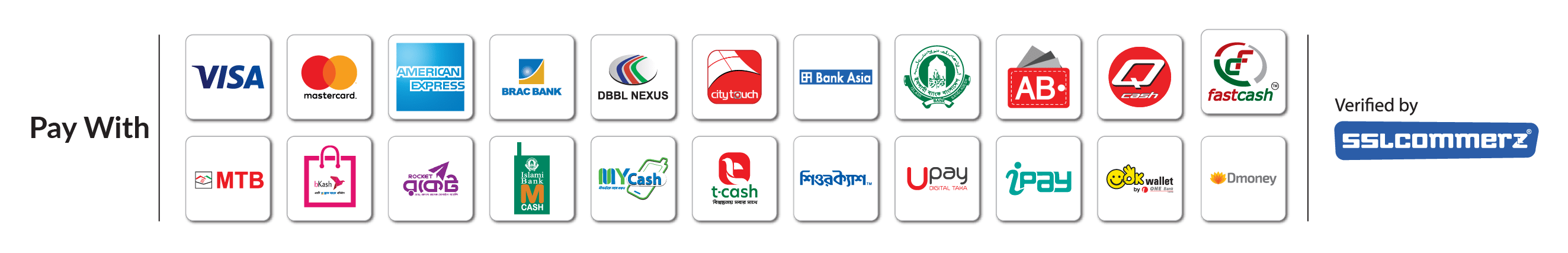 Pay with Visa, Mastercard, American Express, bKash, Rocket, Nagad and more — verified by SSLCommerz